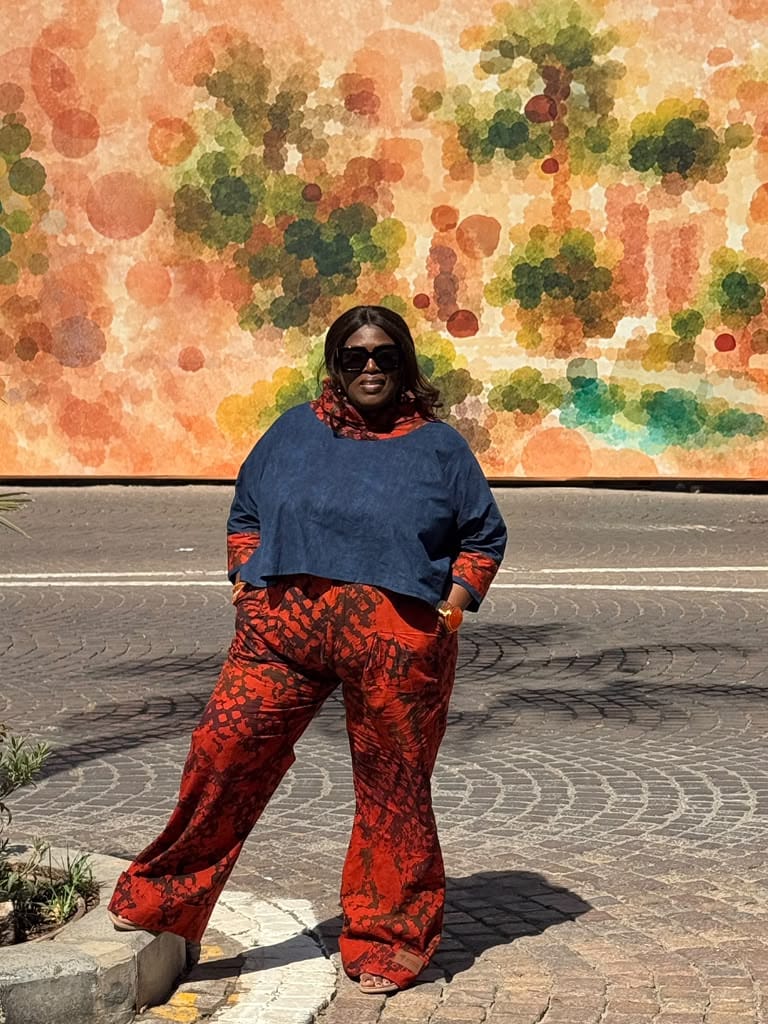 Merley in front of a painted mural of soft orange and green circles.